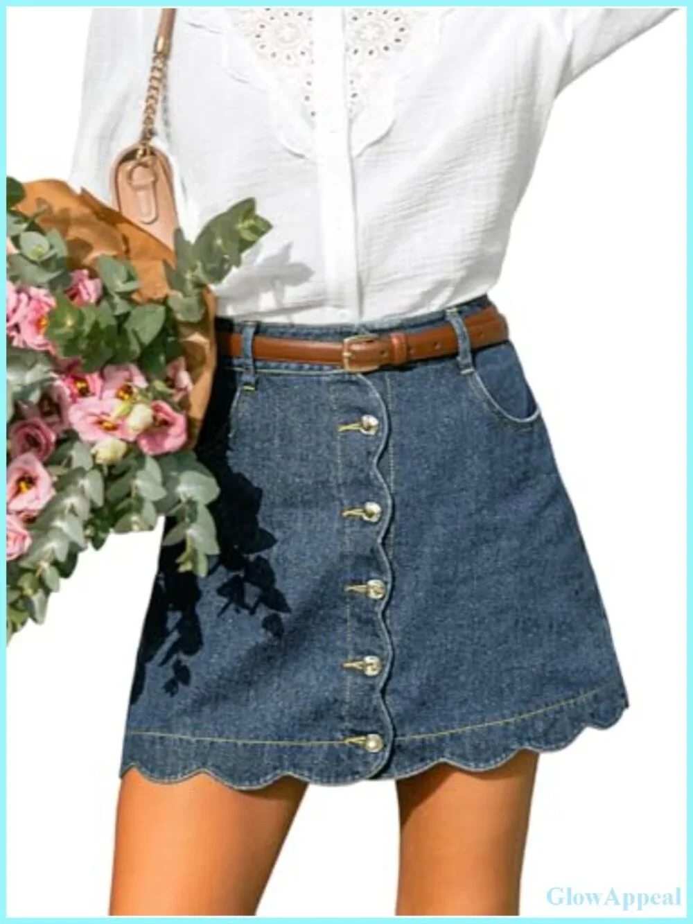 CUPSHE Women's Denim Mini Skirt Button Front A-Line Scalloped Jeans